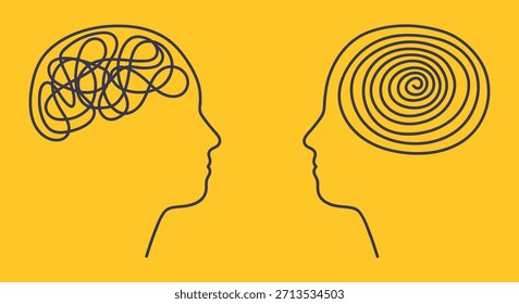 Concepto de sesión de psicólogo con línea continua formando silueta de cabeza anudada. La ilustración simboliza el desenredo de pensamientos complejos, la Asistencia del TDAH y la transformación del trastorno en claridad.