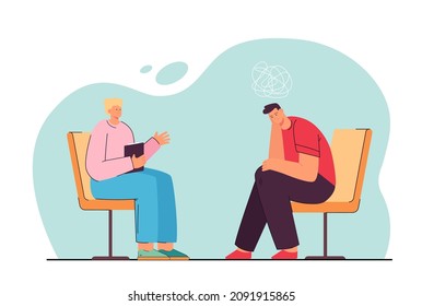 Psychologist sitting in front of patient with mental disorder. Psychiatrist session flat vector illustration. Health care, psychological service concept for banner, website design or landing web page