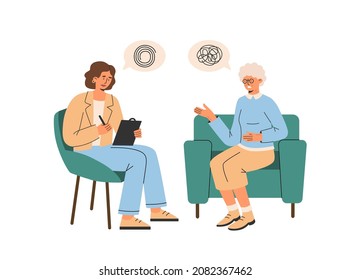 Psychologist speaking with an elderly woman. Psychotherapy session.  Mental health of old people. Vector flat illustration  isolated on the white background.