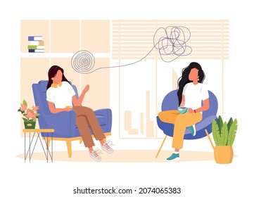 Psychologist support concept. Psychotherapy practice, psychiatrist consulting woman patient. Mental disorder treatment. Psychologist service, private counseling, family psychology. Vector illustration