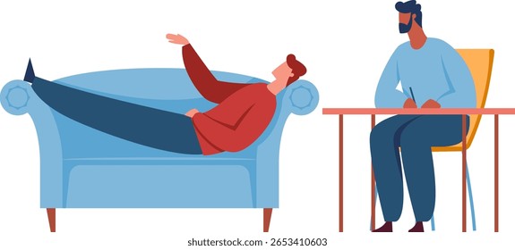 Psicólogo tomando notas enquanto ouve ativamente um paciente deitado no sofá, discutindo desafios pessoais durante uma sessão de terapia focada com o objetivo de promover a cura e apoio