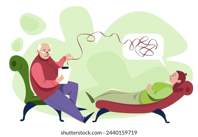 Psychologist talk with patient on mental therapy session. Psychiatrist support and counseling for woman. Mind treatment conversation in counselor office. Stress and sad interview problem meeting