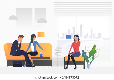 Psychologist talking to husband and wife in office vector. Counselor, mental help service, relationship problem. Family therapy. Can be used for webpages, slides and leaflets