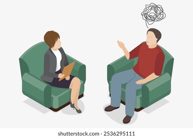 Psychologist talking with patient. Man with stress, depression or mental problem. Psychology therapy. Vector isometric illustration.