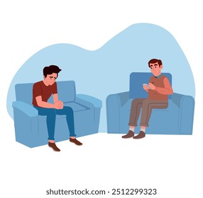 Psychologist talks to patient in mental therapy session. Young man suffering from depression receives help from a counselor. The doctor helps a sad man to get rid of anxiety or stress. Vector illustra