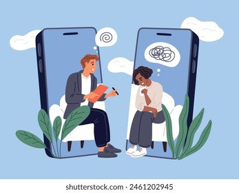 Psychologist talks to patient in mobile chat. Mental online psychological support. Remote consultation app. Conducting therapy. Smartphone call. Psychology help. Garish