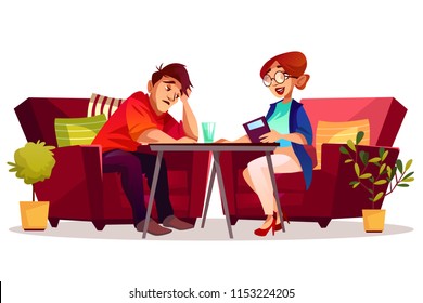 Psychologist therapy counseling vector illustration of psychology or psychiatry. Woman consulting young man in sad depression or life and mental problems sitting on sofa couch at table