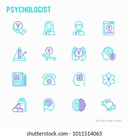 Psychologist thin line icons set: psychiatrist, disease history, armchair, pendulum, antidepressants, psychological support. Vector illustration.