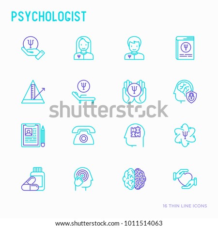 Psychologist thin line icons set: psychiatrist, disease history, armchair, pendulum, antidepressants, psychological support. Vector illustration.