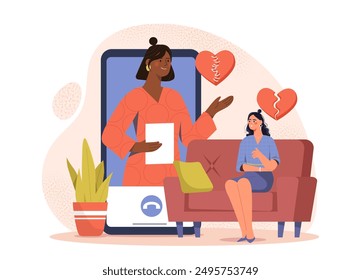 Psychologist treat broken heart. Young girl at appointment with online psychologist. Consultation and support. Person after relationship breakup. Flat vector illustration isolated on white background