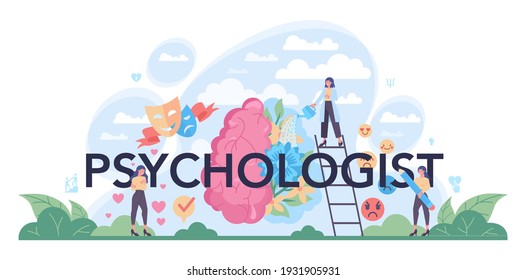 Psychologist typographic header. Mental health diagnostic. Doctor treating human mind. Psychological test and help. Thoughts and emotions analysis. Vector illustration in cartoon style