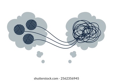 Psychologist unravelling three tangle of tangled thoughts. Speech bubbles. Counselling, therapy, psychology, support concept. Chaos and order