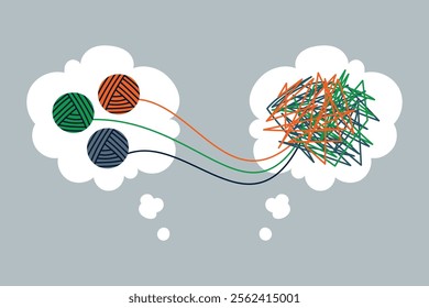 Psychologist unravelling three tangle of tangled thoughts. Tangled colorful jangle, Tangled thoughts. Speech bubbles. Coaching, mentoring or psychotherapy. Problem solving. Chaos and order