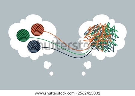Psychologist unravelling three tangle of tangled thoughts. Tangled colorful jangle, Tangled thoughts. Speech bubbles. Coaching, mentoring or psychotherapy. Problem solving. Chaos and order
