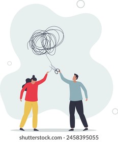 psicólogo usando tijeras para cortar caos desordenado globo en paciente.Ilustración vectorial plana.