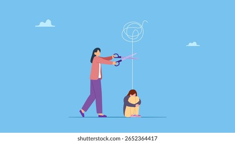 Psychologist using scissors to cut chaos messy balloon on patient. Reduce anxiety or stress, psychotherapy to cure mental health problem or depression, relaxation or relief to cure overworked.