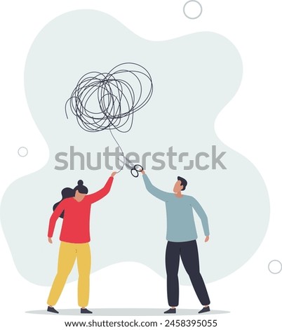 psychologist using scissors to cut chaos messy balloon on patient.flat vector illustration.