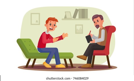 Psychologist Vector. Man Patient Talking Depression, Problems, Alcohol, Drug Addiction. Professional Psychotherapist Having Session. Dealing With Stress. Flat Cartoon Character Illustration