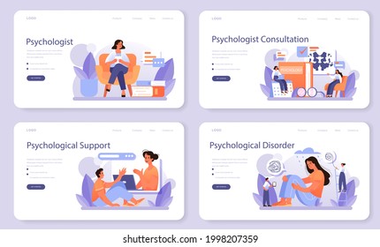 Psychologist web banner or landing page set. Mental health diagnostic. Doctor treating human mind. Psychological test and help. Thoughts and emotions analysis. Vector illustration in cartoon style