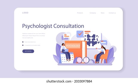 Psychologist web banner or landing page. Mental health diagnostic. Doctor treating human mind. Psychological test and help. Thoughts and emotions analysis. Vector illustration in cartoon style