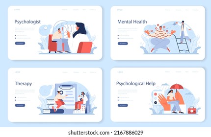 Psychologist web banner or landing page set. Mental health diagnostic. Doctor treating human mind. Psychological test and help. Thoughts and emotions analysis. Vector illustration in cartoon style