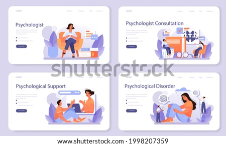 Psychologist web banner or landing page set. Mental health diagnostic. Doctor treating human mind. Psychological test and help. Thoughts and emotions analysis. Vector illustration in cartoon style