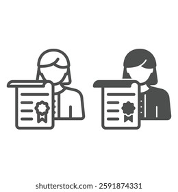 Psychologist woman with certificate line and solid icon, family psychology concept. Vector graphics. Woman with document paper sign on white background, outline style icon for mobile or web design