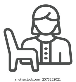 Psychologist woman and chair line icon, family psychology concept. Vector graphics. Armchair with woman sign on white background, outline style icon for mobile or web design