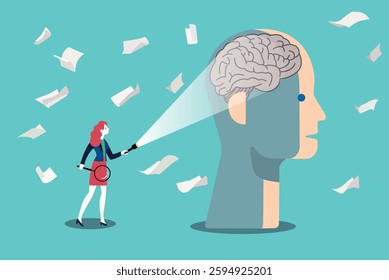 Psychologist  woman illuminating the mind of a giant head with flashlight, represents exploration of mental health through psychotherapy. Knowledge, curiosity. Flat vector illustration.
