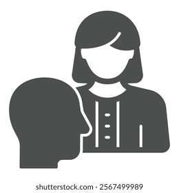 Psychologist woman and man head solid icon, psychology concept. Vector graphics. Human mind and woman sign on white background, glyph style icon for mobile or web design