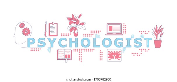 Psychologist word concepts word concepts thin line vector banner. Psychotherapy and psychoanalysis. Isolated typography with icons. Psychiatrist items creative illustration on white