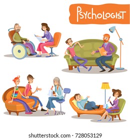 Psychologist at work cartoon characters vector illustration set.  Psychiatrist talking with clients, advising couple, provides psychological support, consulting teenagers, helping to overcome stress