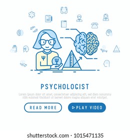 Psychologist at work concept with thin line icons: psychiatrist, disease history, armchair, pendulum, antidepressants, psychological support. Vector illustration, web page template.