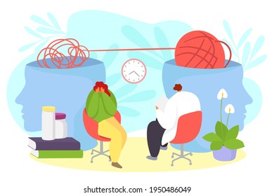 Psychologist work with patient head, mind concept, vector illustration. Woman person character with psychology problem at doctor appointment.