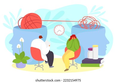 Psychologist work with patient head, mind concept, vector illustration. Woman person character with psychology problem at doctor appointment.