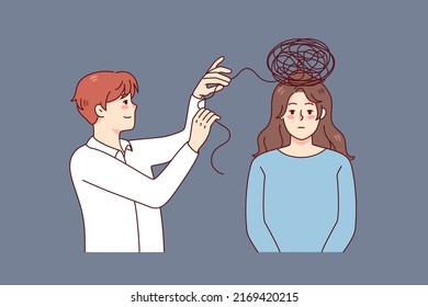 Psychologist work with woman patient unravel confused thoughts in head. Unhappy tired female having session with psychotherapist. Psychotherapy. Vector illustration. 