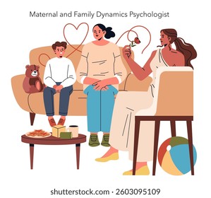 Psychologists address maternal and family dynamics in a supportive environment. The illustration depicts a psychologist engaging with a mother and child, fostering open communication and connection.