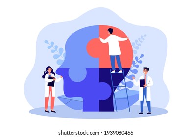 Psychologists Doctors People Connecting Jigsaw Puzzle Pieces Of Head. Mental Health Support Flat Vector Illustration. Psychological Help Concept For Banner, Website Design Or Landing Web Page