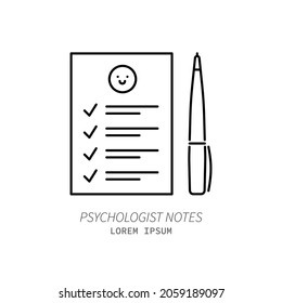 Psychologist's notebook or patient's diary line icon concept. Sketchpad with pen near it outline stroke element. Psychologist counseling. psychotherapy. Editable stroke vector illustration