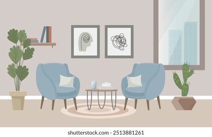 Escritório de psicólogo, quarto aconchegante com duas poltronas, janela, pinturas, estante, guardanapos de papel e plantas em vaso. Conceito interior. Ilustração plana vetorial.