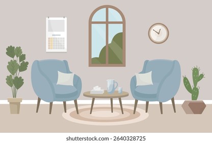 A psychologist's office, a cozy room with two armchairs, a window, paintings, a bookshelf, paper napkins and potted plants. Interior concept. Vector flat illustration.