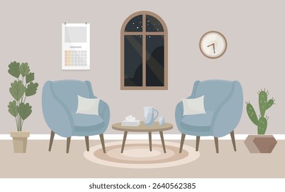 Psychologist's office, a cozy room with two armchairs, a window, paper napkins and potted plants. Evening session. Interior concept. Flat illustration.