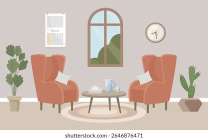 Psychologist's office, a cozy room with two armchairs, a window, paper napkins and potted plants. Evening session. Interior concept. Flat illustration.