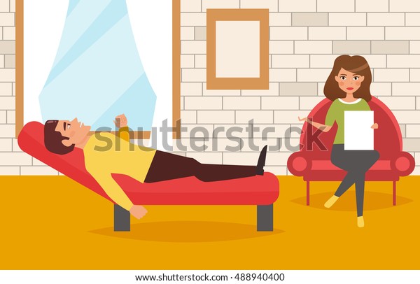 Psychologist\'s office. Depression,\
conversation. Vector illustration. Cartoon character.\
Isolated.