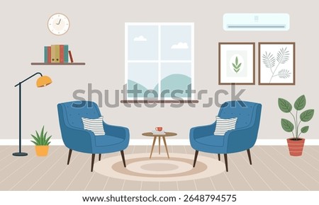Psychologist's office interior concept. Cozy room with two armchairs, window, paintings, bookshelf and potted plants. Consulting room for mental health treatment and psychological therapy.