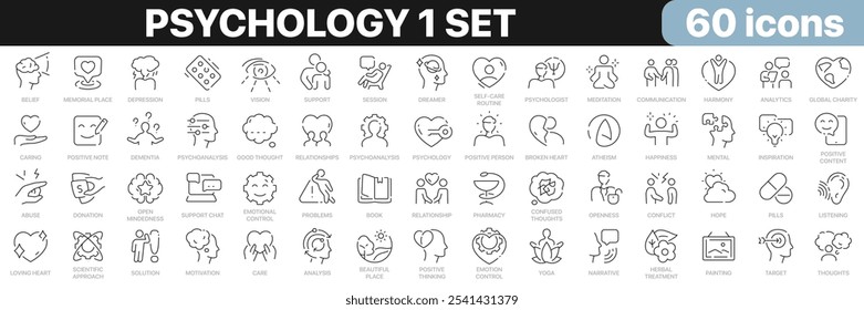 Psychology 1 set line icons collection. Mental, happiness, emotion, care, abuse, medical, analysis icons. UI icon set. Thin outline icons pack. Vector illustration EPS10