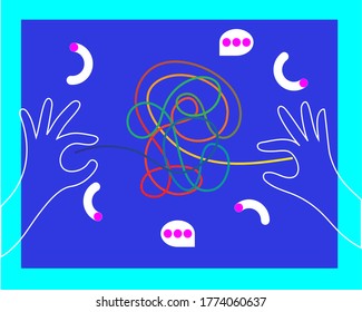 Psychology, analysis, problem solving, psychotherapy, hands and tangled thread. Vector illustration.