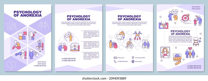 Psychology of anorexia purple brochure template. Mental illness. Booklet print design with linear icons. Vector layouts for presentation, annual report, ads. Arial-Black, Myriad Pro-Regular fonts used