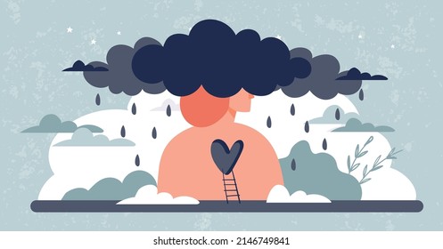 Psychology art concept, a cloud with rain over a person's head. Illustration about psychological help, depression in teenagers, midlife crisis. Vector banner about bad mood, problems in personal life
