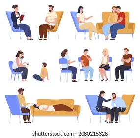 Psychology Assist. Childish, Individual, Group, Family Psychiatry Set Vector Flat Illustration. People Meeting With Psychologist, Talking, Sitting On Chair, Lying On Couch. Doctor Therapy Conversation